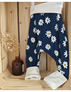 Pantalon évolutif bio - Pâquerette fond bleu côtelé 2