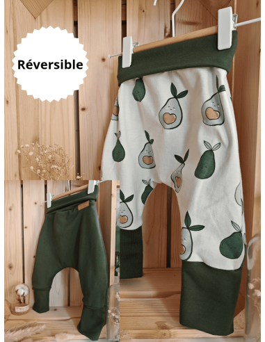 🔥🔥🔥Pantalon réversible & évolutif bio - Avocat & uni vert forêt molletonné