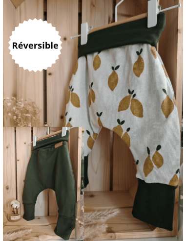 🔥🔥🔥Pantalon réversible & évolutif bio - Citron & uni vert forêt molletonné