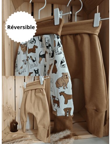 🔥🔥Pantalon réversible & évolutif bio - Chiens & uni camel ou cannelle