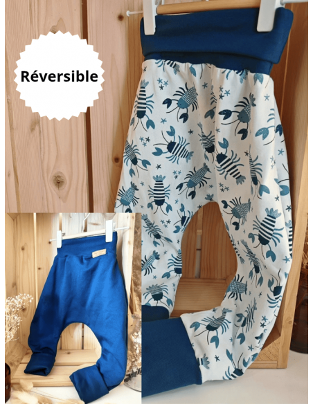 🔥🔥🔥Pantalon réversible & évolutif bio - Homard & uni bleu nautique molletonné
