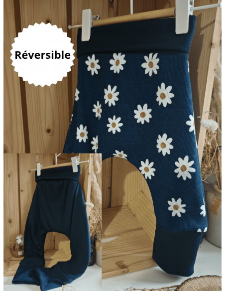 🔥🔥Pantalon réversible & évolutif bio - pâquerettes & uni bleu côtelé
