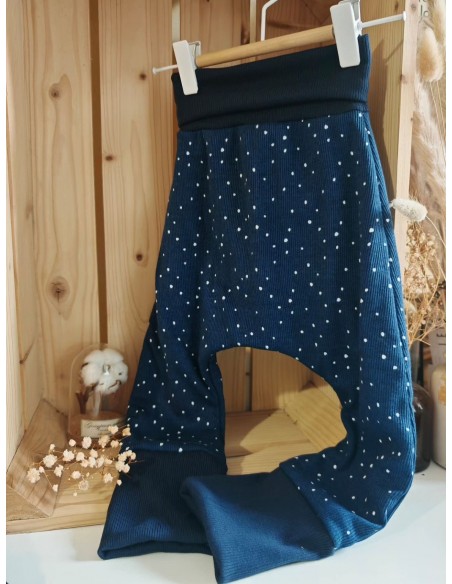 Pantalon évolutif bio - Pois fond bleu côtelé