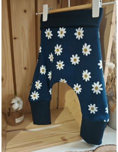 Pantalon évolutif bio - Pâquerette fond bleu côtelé