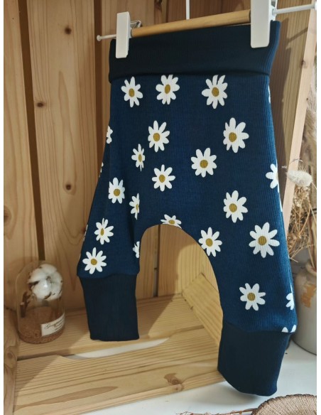 🔥🔥Pantalon réversible & évolutif bio - Pâquerettes & coeurs fond bleu côtelé