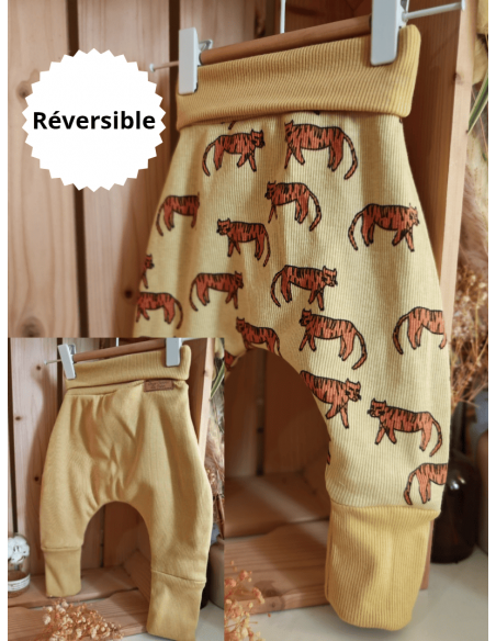 Pantalon réversible & évolutif bio - Tigres & uni jaune pâle côtelé