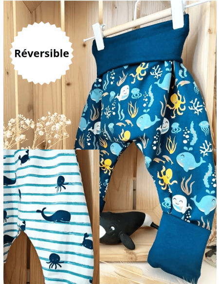 🔥🔥Pantalon réversible & évolutif bio - Marinière & Animaux de la mer