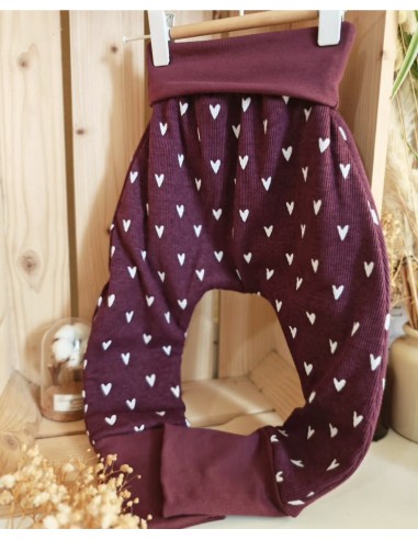 Pantalon évolutif bio - Coeurs fond prune côtelé