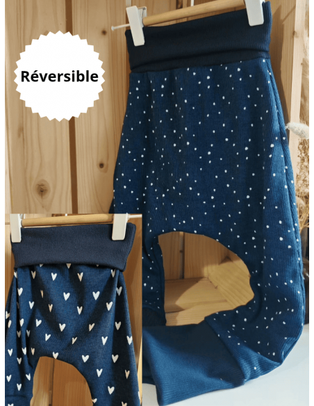 🔥🔥Pantalon réversible & évolutif bio - Coeurs & pois fond bleu côtelé