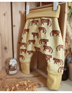 Pantalon évolutif bio - Tigre fond jaune pâle côtelé