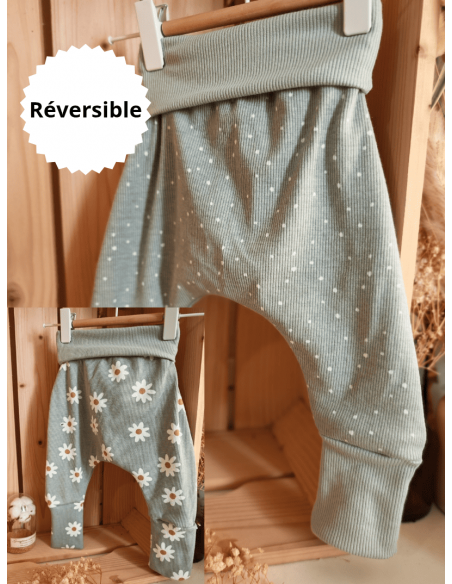 🔥🔥Pantalon réversible & évolutif bio - Pâquerettes & pois vert côtelé