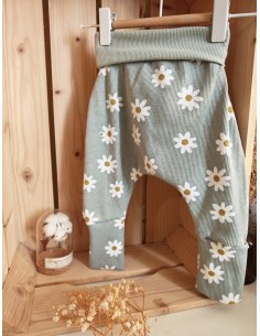 Pantalon évolutif bio - Pâquerettes fond vert d'eau côtelé