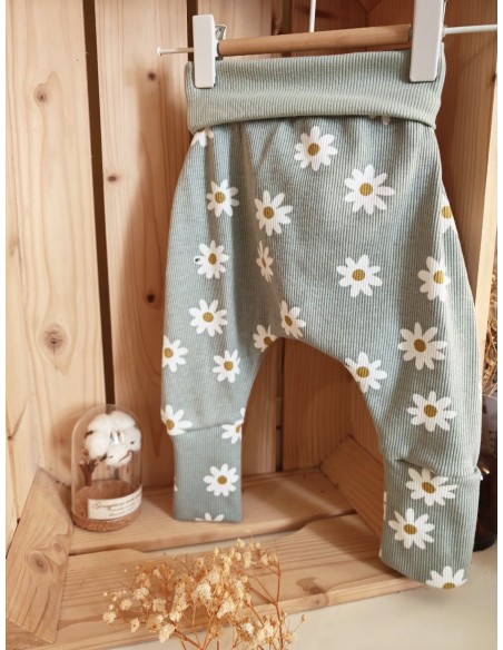 Pantalon évolutif bio - Pâquerettes fond vert d'eau côtelé