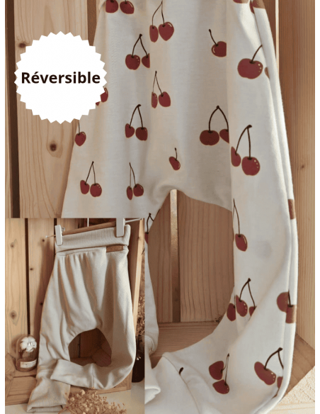 🔥🔥Pantalon réversible & évolutif bio - Cerises & uni beige côtelé