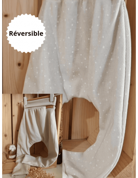 🔥🔥Pantalon réversible & évolutif bio - Pois & uni beige côtelé