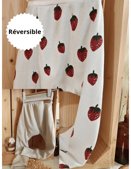 🔥🔥Pantalon réversible & évolutif bio - Fraises & uni beige côtelé