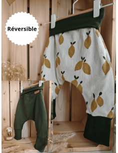 🔥🔥Pantalon réversible & évolutif bio - Citron & uni vert...