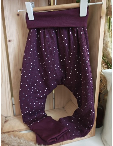 Pantalon évolutif bio - Pois fond prune côtelé