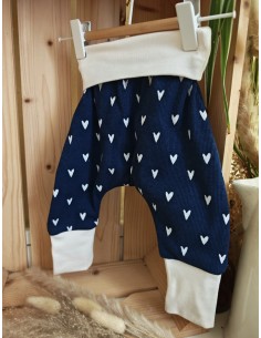Pantalon évolutif bio - Coeurs fond bleu côtelé