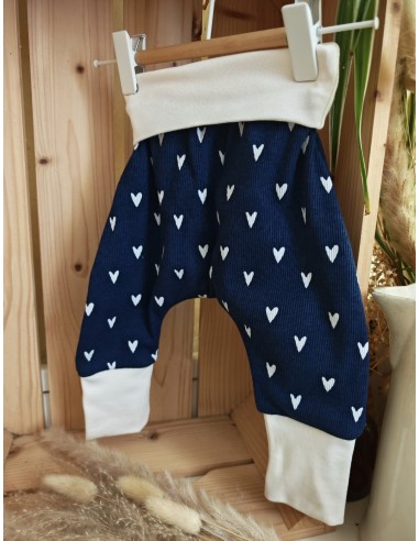 Pantalon évolutif bio - Coeurs fond bleu côtelé