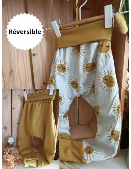 🔥🔥Pantalon réversible & évolutif bio - Soleil & uni moutarde non côtelé