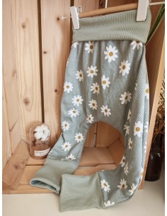 Pantalon évolutif bio - Pâquerettes fond vert d'eau côtelé 2