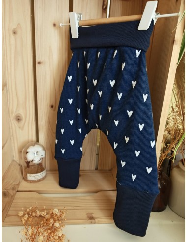 Pantalon évolutif bio - Coeurs fond bleu côtelé