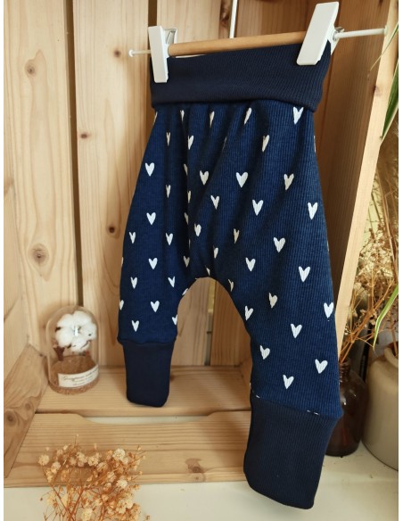 Pantalon évolutif bio - Coeurs fond bleu côtelé