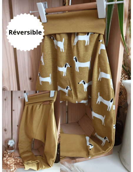 🔥🔥Pantalon réversible & évolutif bio - Teckels & uni moutarde