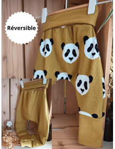 🔥🔥Pantalon réversible & évolutif bio - Pandas & uni moutarde