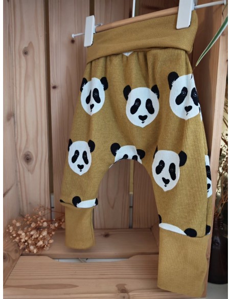 🔥🔥Pantalon réversible & évolutif bio - Pandas & uni moutarde