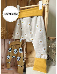 🔥🔥Pantalon réversible & évolutif bio - Panda & pâquerette...