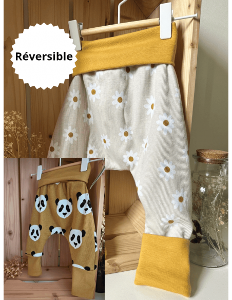 🔥🔥Pantalon réversible & évolutif bio - Panda & pâquerette fond écru côtelé