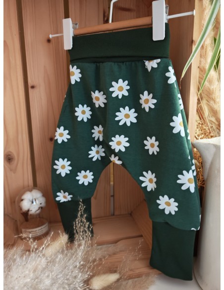 🔥🔥Pantalon réversible & évolutif bio - pâquerette & uni fond vert forêt non côtelé