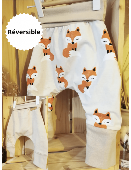 🔥🔥🔥Pantalon réversible & évolutif bio - Renard & uni café latte molletonné bio