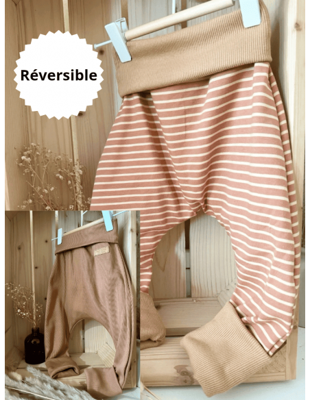 🔥🔥Pantalon réversible & évolutif bio - marinière & uni camel côtelé bio