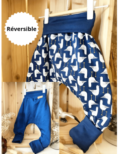 Pantalon réversible & évolutif bio - Mouette & uni bleu