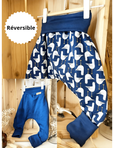 Pantalon réversible & évolutif bio - Mouette & uni bleu