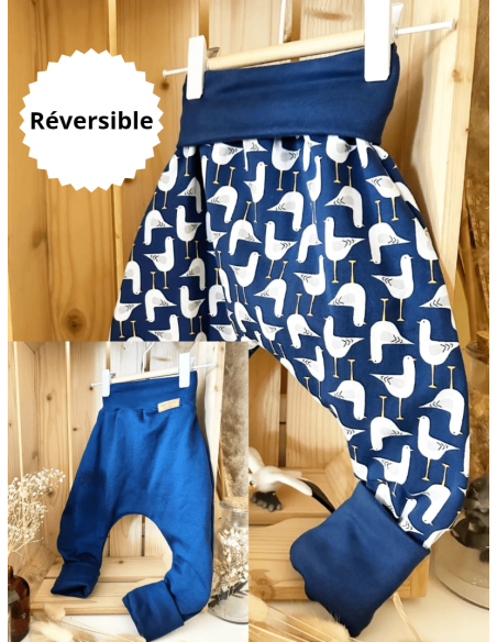 🔥🔥🔥Pantalon réversible & évolutif bio - Mouette & uni bleu molletonné