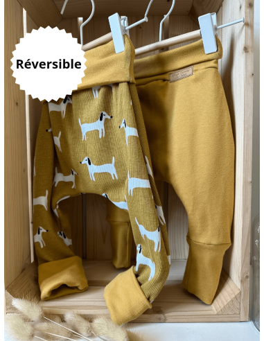 Pantalon réversible & évolutif bio - Teckels & uni moutarde