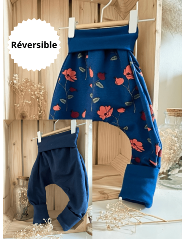 Pantalon réversible & évolutif bio - Coquelicots et uni bleu