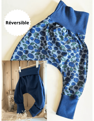 Pantalon réversible & évolutif bio - Myrtilles et uni bleu