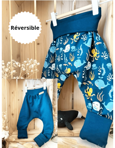Pantalon réversible & évolutif bio - Animaux de la mer & uni bleu océan