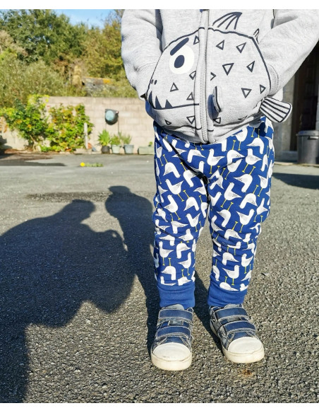 🔥🔥🔥Pantalon réversible & évolutif bio - Mouette & uni bleu molletonné